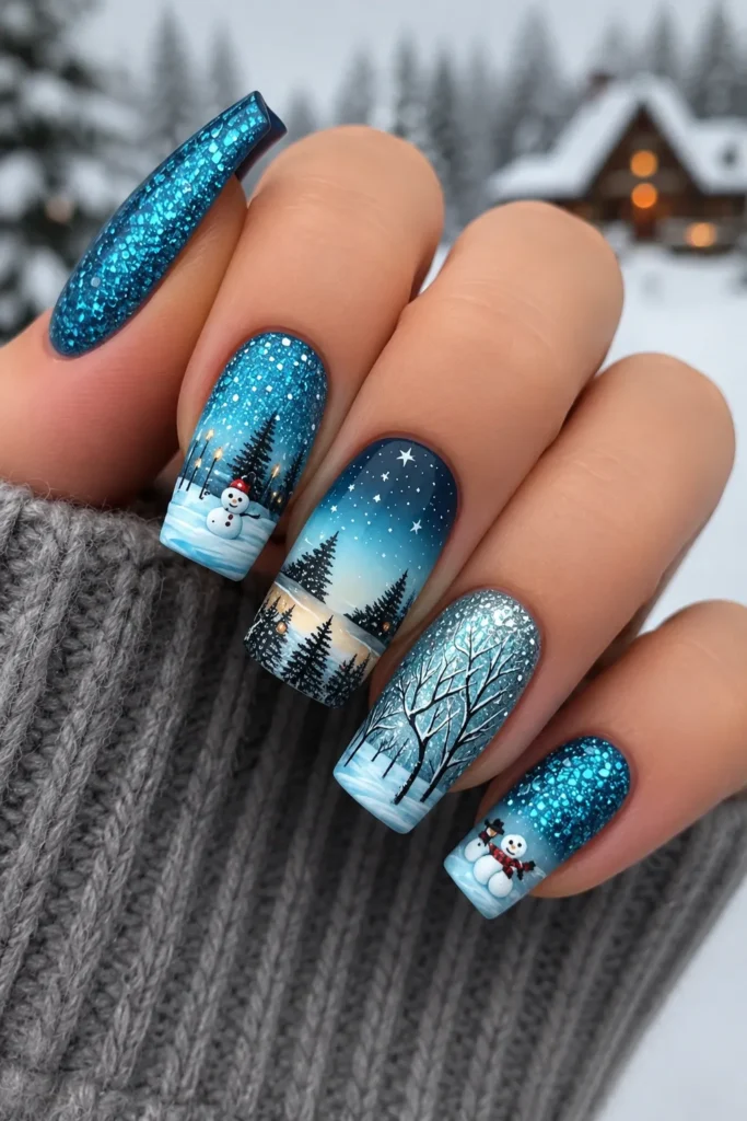 Snowy Night Scene Nails Winter-inspired blue nail art featuring glittery icy blue nails with detailed snowy landscapes, pine trees, snowmen, and starry night scenes on long square acrylic nails. The manicure is styled with a cozy gray knit sweater and a snowy cabin background