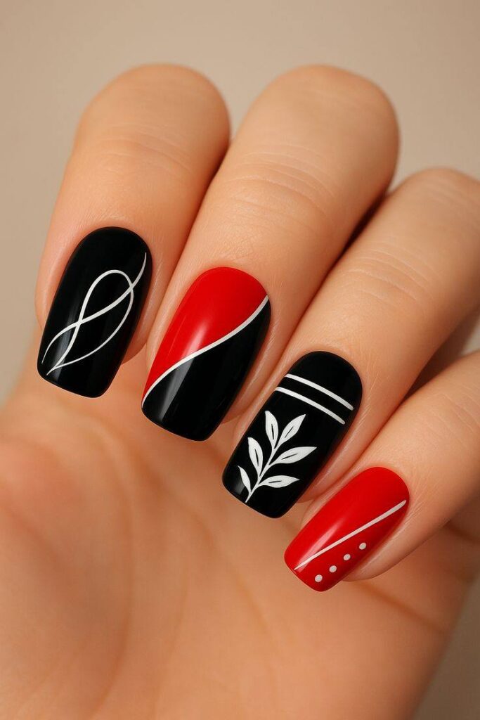 Square-shaped nails featuring bold red and black color blocking, white line art details, and minimalist botanical accents creating a modern and elegant nail art design.