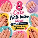 Cute Nail Inspo collage featuring eight trendy nail art designs, including colorful French tip nails, floral lavender nails, tortoise shell nails, abstract swirl nails, zebra print nails, bright flower nails, and elegant burgundy manicure ideas on almond-shaped acrylic nails.