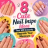 Cute Nail Inspo collage featuring eight trendy nail art designs, including colorful French tip nails, floral lavender nails, tortoise shell nails, abstract swirl nails, zebra print nails, bright flower nails, and elegant burgundy manicure ideas on almond-shaped acrylic nails.
