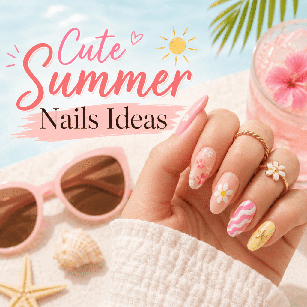Close-up of cute summer nail ideas featuring pastel pink floral nail art, wavy acrylic designs, and beach-inspired details with sunglasses, seashells, and tropical summer accessories in a soft aesthetic flat lay.