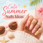 Close-up of cute summer nail ideas featuring pastel pink floral nail art, wavy acrylic designs, and beach-inspired details with sunglasses, seashells, and tropical summer accessories in a soft aesthetic flat lay.
