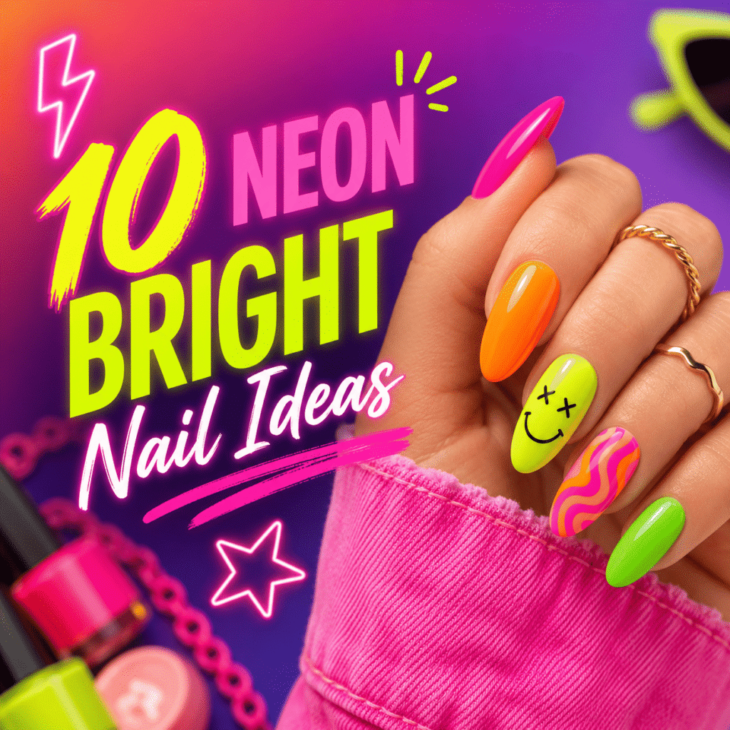 Bright neon nail art featuring hot pink, lime green, and orange acrylic nails with trendy swirl patterns and smiley face designs on a vibrant summer-inspired background for cute neon nail ideas.