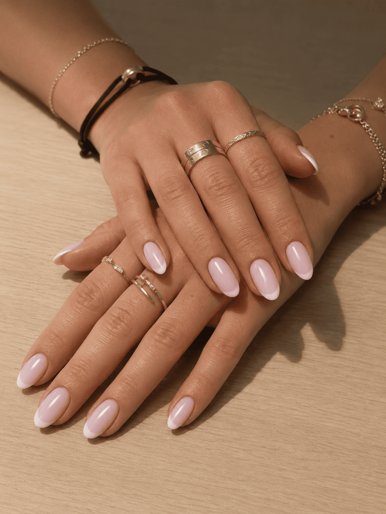 Elegant soft pink French tip nails with a glossy finish on almond-shaped nails, styled with delicate gold and silver rings under warm natural lighting. Classy minimalist manicure inspiration perfect for bridal nails, clean girl aesthetic, and timeless acrylic nail designs.