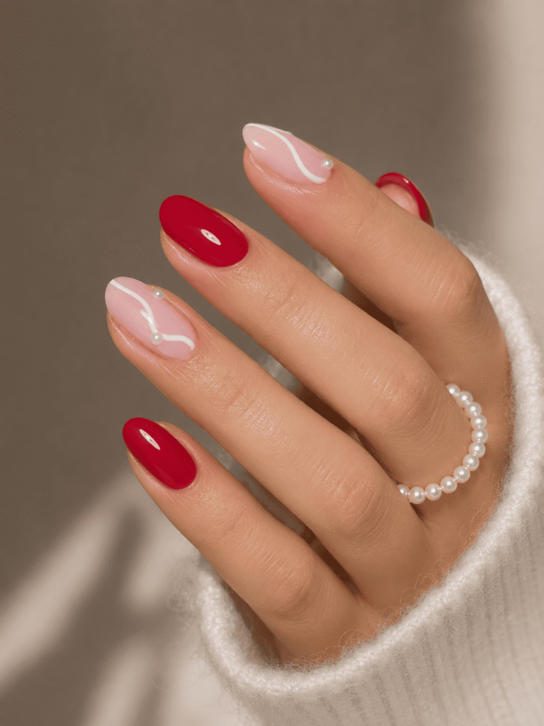 Glossy cherry red almond-shaped nails paired with soft pink accent nails featuring delicate white swirl details and tiny pearl embellishments. Elegant feminine nail art inspiration perfect for Valentine’s nails, classy acrylic nail designs, and cute romantic manicure ideas.