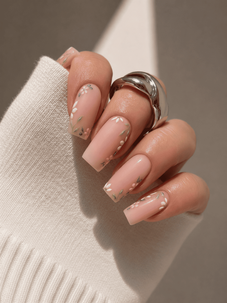Soft matte blush pink coffin nails with delicate white floral nail art and tiny green leaf details, styled with a chunky silver ring and cozy cream sweater in warm sunlight. Elegant feminine manicure inspiration perfect for spring nails, bridal nail designs, and classy acrylic nail art.
