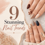 Elegant nail art featuring trendy almond-shaped nails with glossy burgundy, nude, navy blue, tortoiseshell, gold glitter, and marble foil designs. The chic manicure is styled with gold rings and soft neutral tones, creating a luxurious modern nail trend aesthetic perfect for fashion and beauty inspiration.
