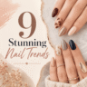 Elegant nail art featuring trendy almond-shaped nails with glossy burgundy, nude, navy blue, tortoiseshell, gold glitter, and marble foil designs. The chic manicure is styled with gold rings and soft neutral tones, creating a luxurious modern nail trend aesthetic perfect for fashion and beauty inspiration.