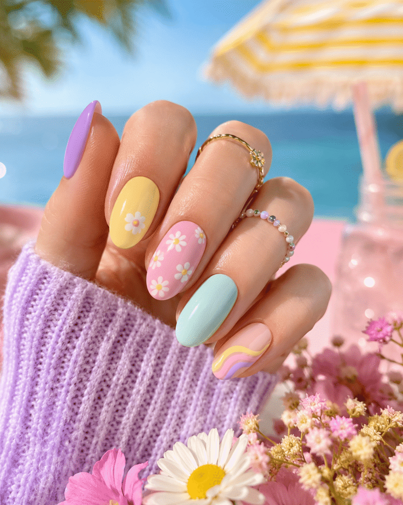 Close-up of cute summer nail ideas featuring pastel pink floral nail art, wavy acrylic designs, and beach-inspired details with sunglasses, , and tropical summer accessories in a soft aesthetic flat lay.