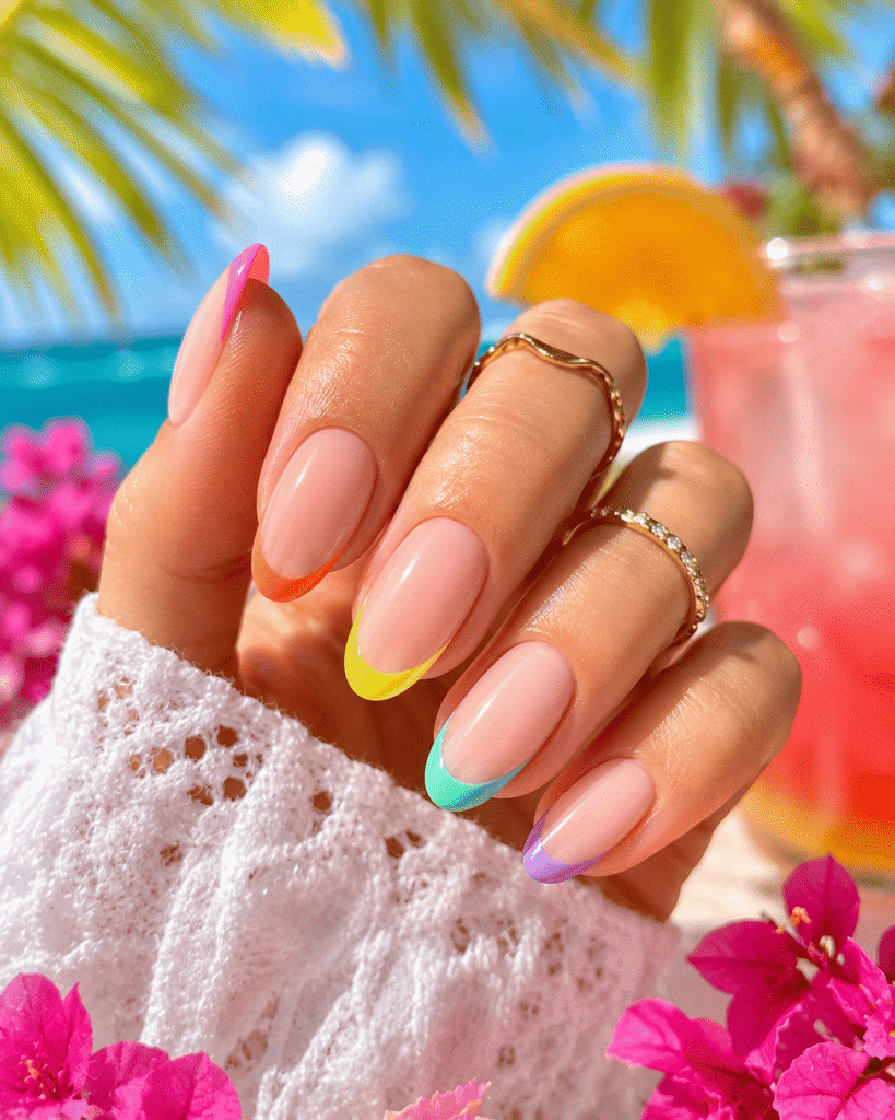 Close-up of cute summer nail ideas featuring pastel pink floral nail art, wavy acrylic designs, and beach-inspired details with , seashells, and tropical summer accessories in a soft aesthetic flat lay.