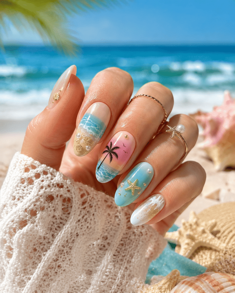 Close-up of cute summer nail ideas featuring pastel pink floral nail art, wavy acrylic designs, and beach-inspired details with sunglasses, seashells, and tropical summer accessories in a  aesthetic flat lay.