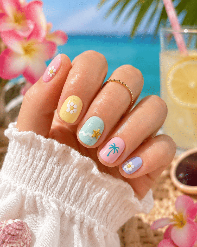 Close-up of cute summer nail ideas featuring pastel pink floral nail art, with sunglasses, seashells, and tropical summer accessories in a soft aesthetic flat lay.