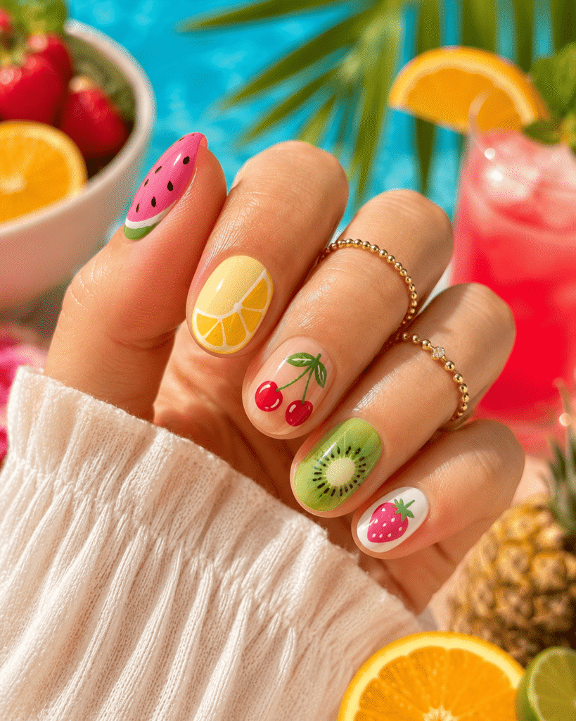 Close-up of cute summer nail ideas featuring pastel pink floral nail art, wavy acrylic designs, and beach-inspired details with sunglasses, seashells