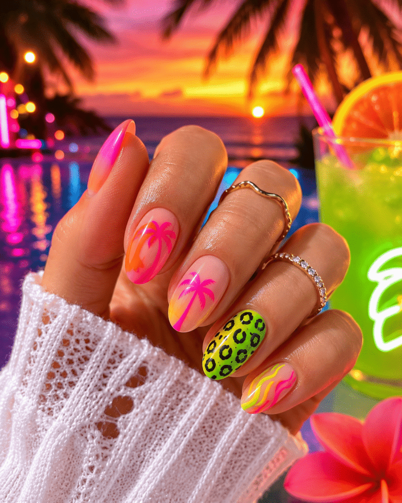 Close-up of cute summer nail ideas featuring pastel pink floral nail art,  and beach-inspired details with sunglasses, seashells, and tropical summer accessories in a soft aesthetic flat lay.