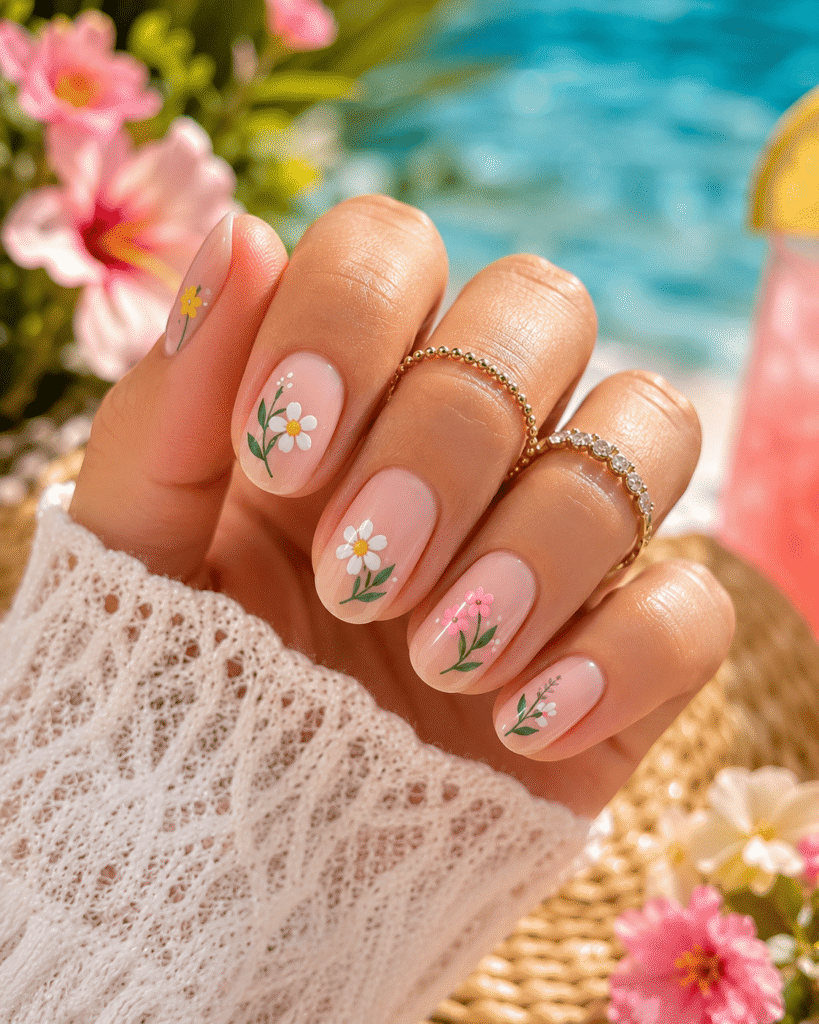 cute summer nail ideas featuring pastel pink floral nail art, wavy acrylic designs, and beach-inspired details with sunglasses, seashells, and tropical summer accessories in a soft aesthetic flat lay.