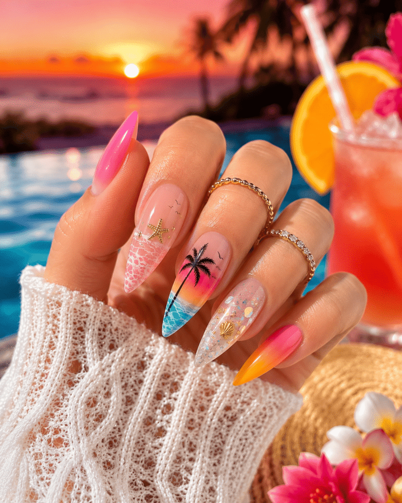 Close-up of cute summer nail ideas featuring pastel pink floral  seashells, and tropical summer accessories in a soft aesthetic flat lay.