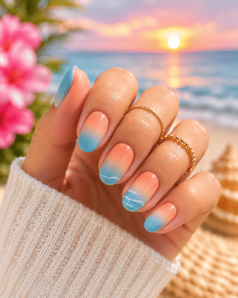 wavy acrylic designs, and beach-inspired details with sunglasses, seashells, and tropical summer accessories in a soft aesthetic flat lay.