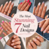 Collage-style nail art cover image featuring seven trendy manicure designs, including pastel ombré nails, neon pink nails, lavender polka dot nails, plaid French tips, abstract pink swirls, and minimalist pastel tips with elegant rings and soft feminine aesthetics.
