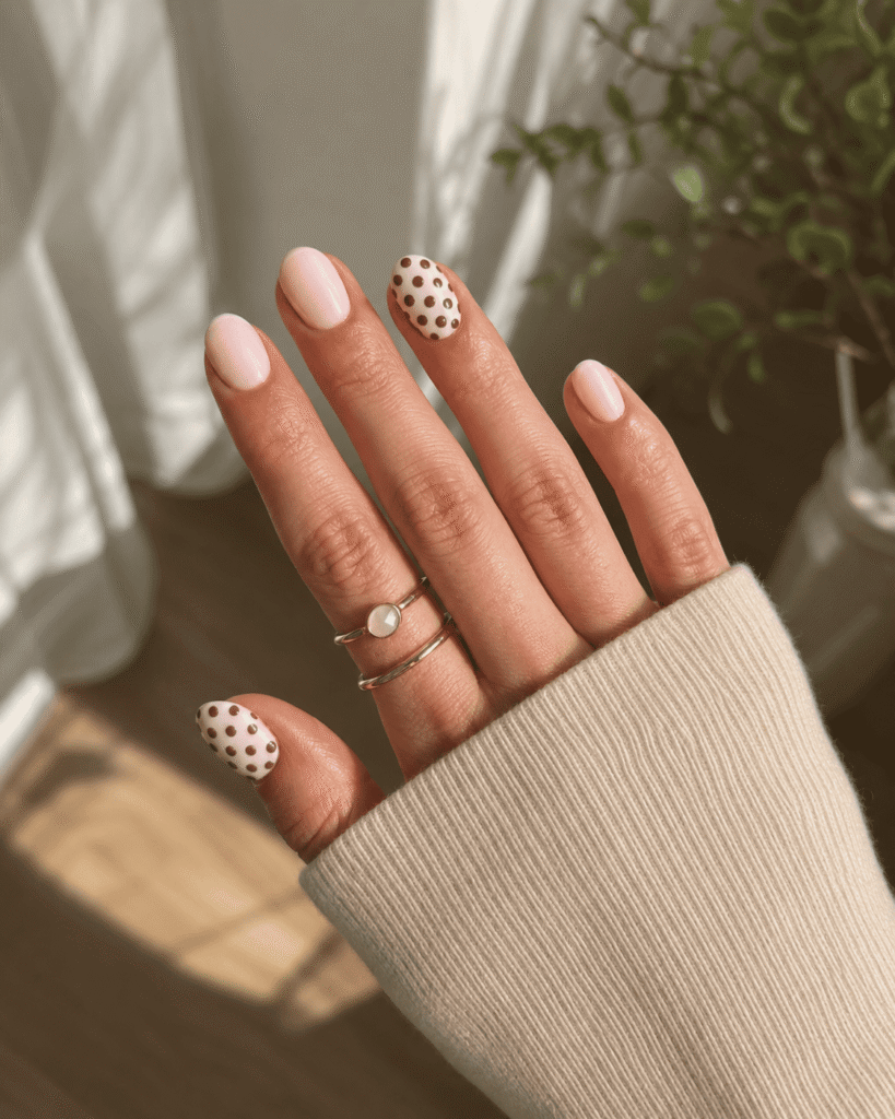 Soft pink minimalist nail art with glossy nude nails and brown polka dot accent designs on short almond-shaped nails, styled with delicate gold rings and a cozy white sleeve for a chic elegant manicure look.