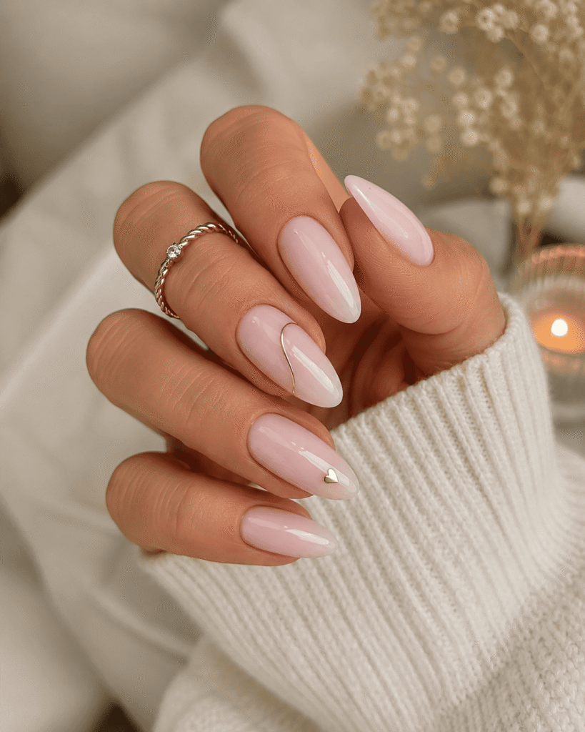 Elegant glossy blush pink almond nails with minimalist pearl dot accents and soft polish, styled with a delicate gold ring and cozy white sweater for a classy feminine manicure aesthetic.