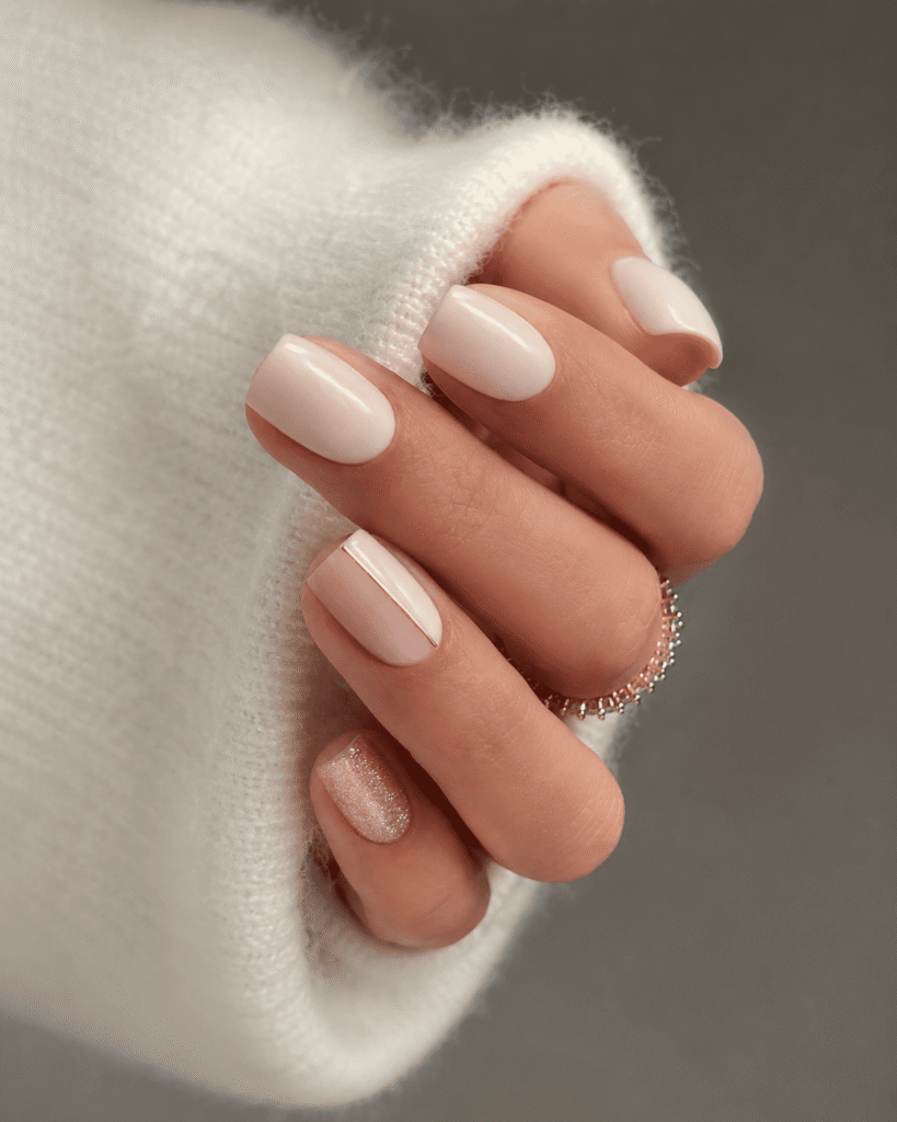 Elegant short square nails with a glossy milky white manicure, featuring minimalist nude nail art, a delicate gold stripe accent, and a subtle glitter nail. Chic neutral acrylic nails with a clean classy aesthetic, perfect for bridal nails, winter nails, and simple everyday manicure inspiration.