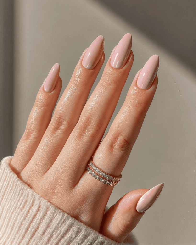 Soft blush pink almond-shaped nails with a glossy finish, styled on a hand wearing delicate gold rings. The minimalist manicure has a clean, elegant look with subtle shine and a modern feminine aesthetic.