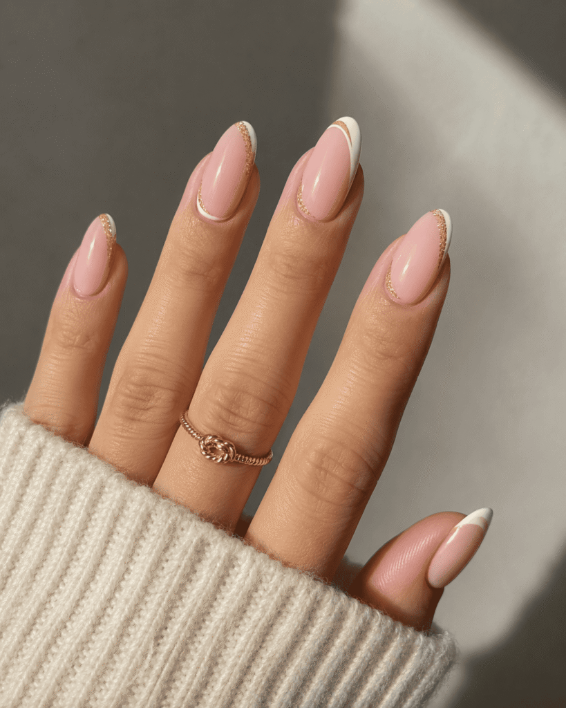 Elegant almond-shaped nude pink nails with glossy white French tips and delicate gold glitter accents. The minimalist manicure is paired with a dainty gold ring and cozy knit sleeve for a chic, classy aesthetic.