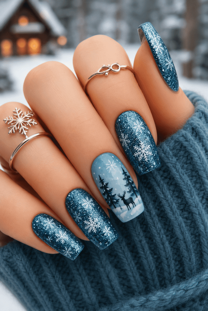 Holly Jolly Blue Nails ALT text: Close-up of elegant winter blue nail art featuring glittery navy snowflake nails and a scenic accent nail with snowy pine trees and a deer silhouette. The cozy manicure is paired with silver snowflake rings and a chunky knit sweater against a snowy cabin background.