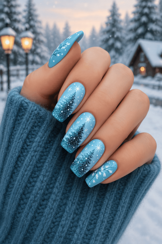 Winter Wonderland Nails Close-up of icy blue winter nail art with glitter ombré Christmas tree designs, white snowflakes, and delicate leaf accents on long square nails. The manicure is photographed against a snowy outdoor background with a cozy blue knit sweater.
