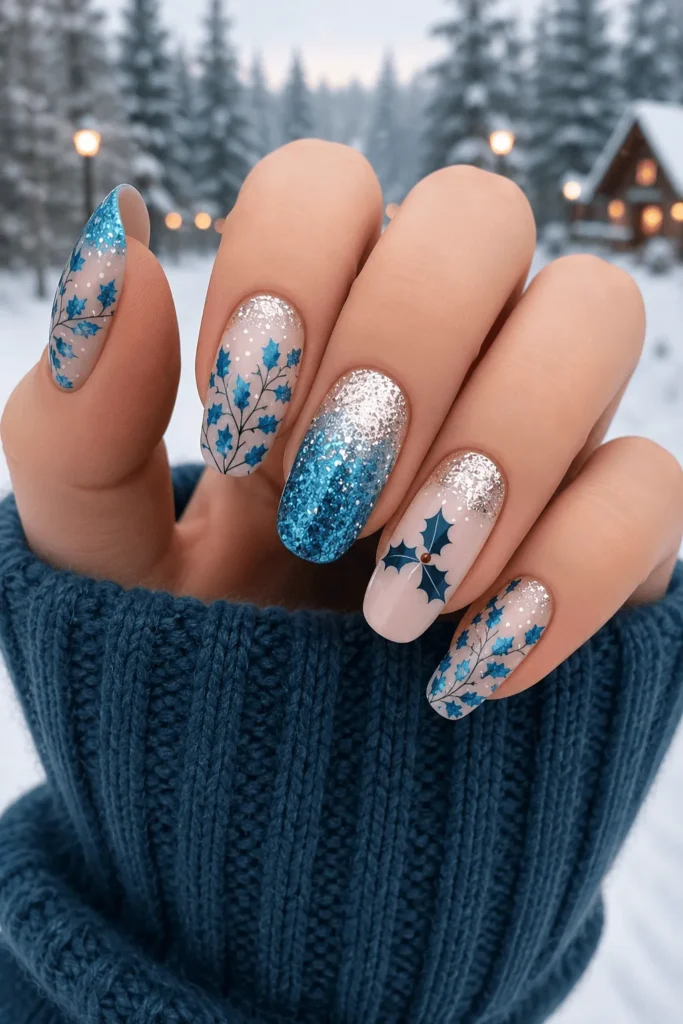 Elegant Holly and Glitter Nails Elegant winter nail art featuring blue glitter ombré nails, delicate blue floral branch designs, and a festive holly accent nail on almond-shaped nails. The manicure is photographed outdoors against a snowy forest background with a cozy dark blue knit sweater.