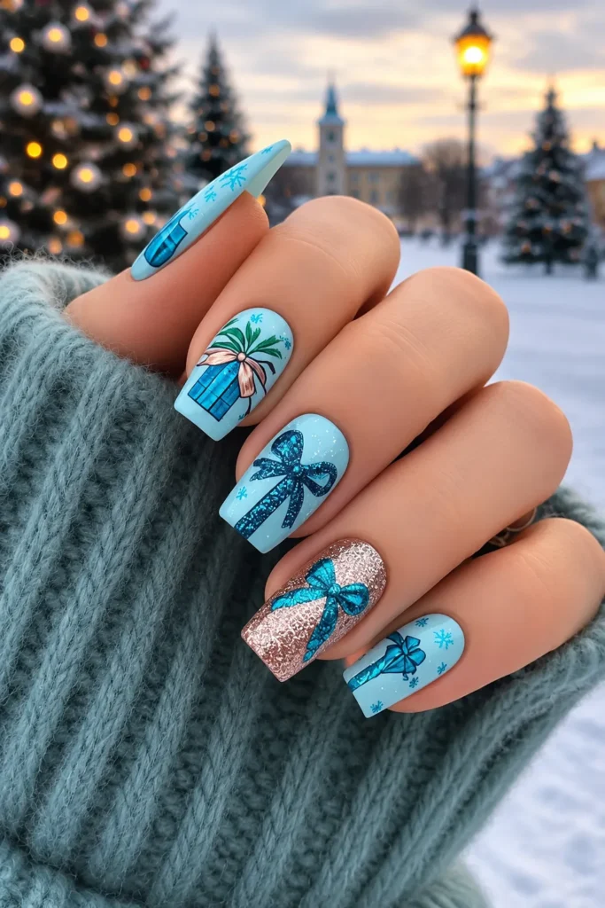 Gift-Wrapped Glam Nails Festive winter nail art featuring icy blue gift bow designs, glittery rose gold accent nails, and delicate snowflake details on long square nails. The cozy holiday manicure is photographed outdoors with snowy Christmas trees and warm glowing lights in the background.