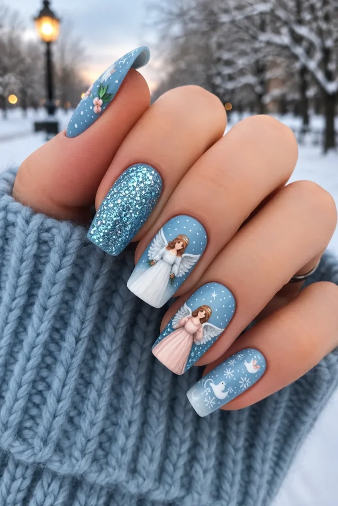 Heavenly Angel Nails Winter-themed blue nail art featuring glittery icy blue nails, angel illustrations, delicate snowflakes, and white dove accents on long square nails. The cozy manicure is photographed outdoors with a chunky knit sweater and a snowy evening park background.