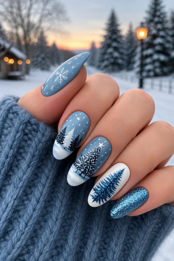 Festive Tree Nails Cozy winter nail art featuring soft blue and white Christmas tree designs, glittery icy blue accent nails, and delicate snowflake details on almond-shaped nails. The manicure is photographed outdoors with a chunky knit sweater and a snowy forest sunset background.
