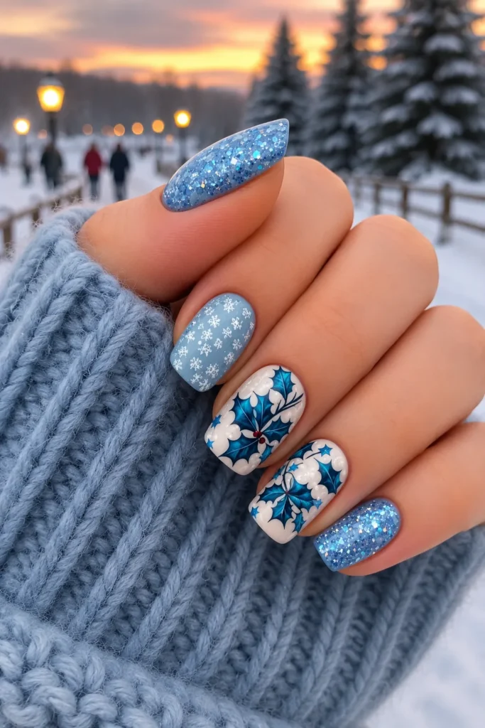 Creamy Holly Elegance Elegant winter nail art featuring icy blue glitter nails, white snowflake patterns, and detailed blue holly leaf designs on short square nails. The cozy manicure is photographed outdoors with a chunky knit sweater and a snowy sunset background with glowing lights.