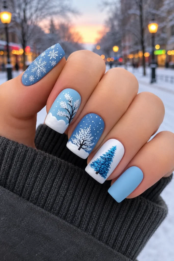 Bright Christmas Tree Nails Winter blue nail art featuring delicate white snowflake patterns, snowy tree branch designs, and a glittery blue Christmas tree accent on matte square nails. The cozy manicure is photographed outdoors with a snowy city street background.