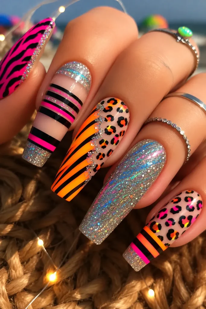 Neon Stripes and Leopard Prints Long coffin-shaped acrylic nails featuring bold neon animal print designs, black stripe nail art, holographic silver glitter polish, and vibrant orange and pink accents. The manicure includes zebra-inspired stripes, leopard spots, sparkling glitter details, and glossy finishes for a trendy hot summer nails look.