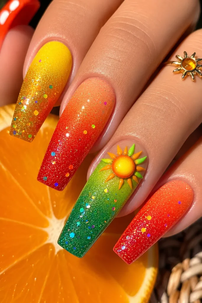 Tropical Colors with Glitter Bright summer acrylic nails with glitter ombré designs in yellow, orange, red, and green shades, featuring sparkling confetti accents and a cute 3D sun nail art detail. These glossy coffin-shaped nails create a tropical hot summer nails look perfect for colorful vacation nail inspiration.
