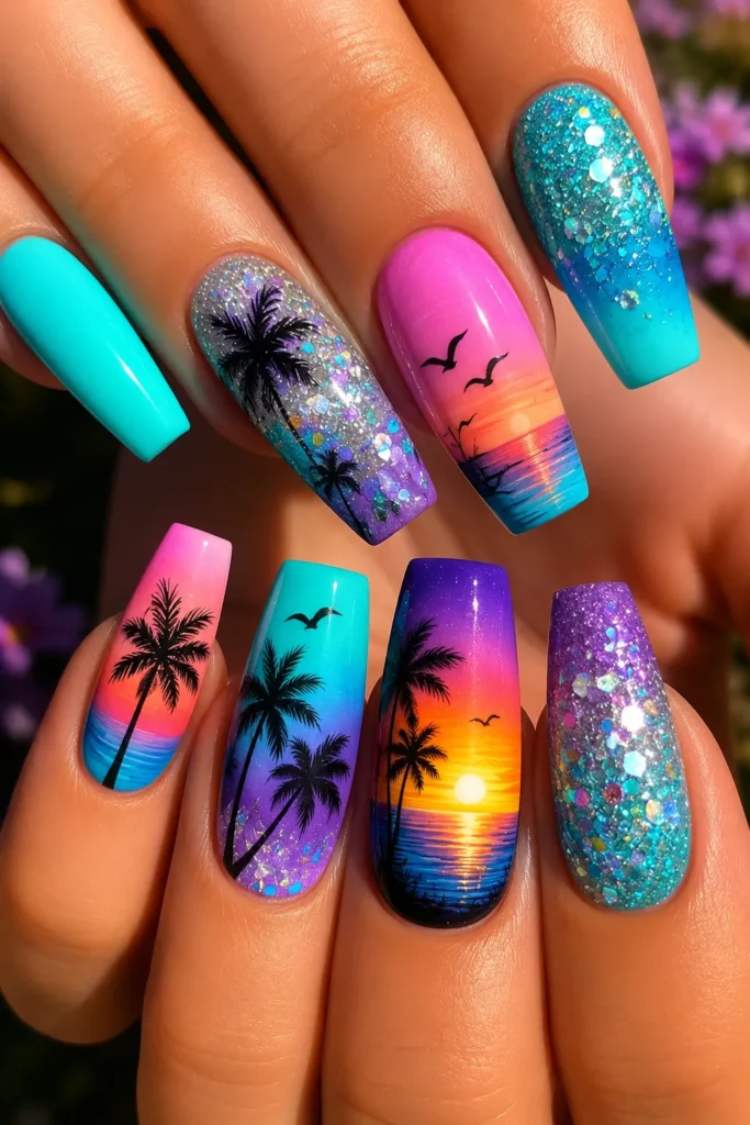Island Glamour Tropical sunset nail art featuring vibrant turquoise, pink, purple, and orange gradient acrylic nails with palm tree silhouettes, ocean sunset scenes, flying birds, and sparkling glitter accents. These colorful summer nails combine beach-inspired nail art with glossy glitter finishes for a bold vacation manicure look.