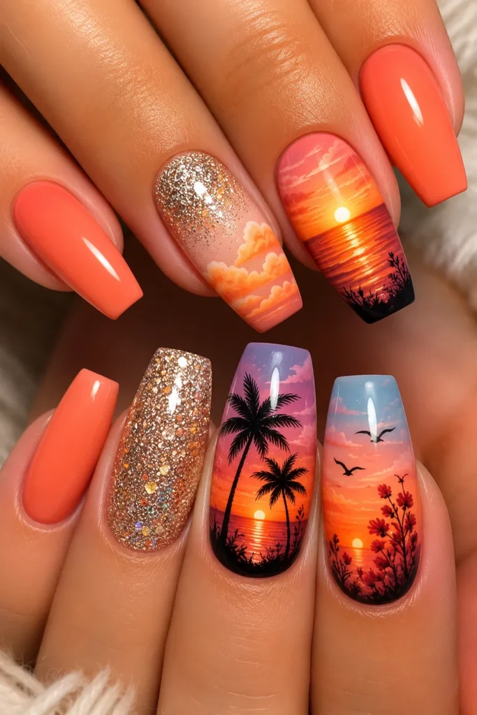 Summer Sunset Glossy coral and peach acrylic nails featuring sunset-inspired nail art with tropical palm trees, ocean reflections, soft clouds, floral silhouettes, and sparkling gold glitter accents. These warm-toned summer nails create a dreamy beach sunset manicure perfect for vacation nail inspiration and bright summer nail trends.