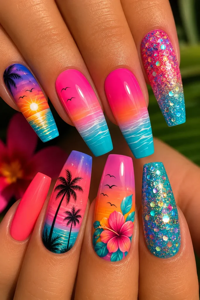 Beach Paradise Vibrant tropical sunset acrylic nails featuring neon pink, teal, and orange gradient designs with palm tree silhouettes, ocean wave details, hibiscus flower art, glitter ombré accents, and sparkling confetti finishes. These glossy summer nails create a bold beach-inspired manicure perfect for vacation nail ideas and bright summer nail trends.