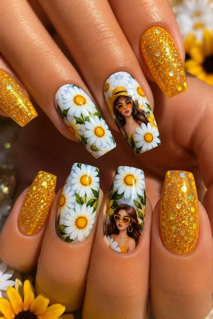 Daisy Nails Glossy daisy flower nail art featuring white floral designs with yellow centers, sparkling gold glitter acrylic nails, and stylish feminine portrait accents. These bright summer nails combine floral manicure trends with glittery yellow nail designs for a cheerful sunflower-inspired vacation nail look.