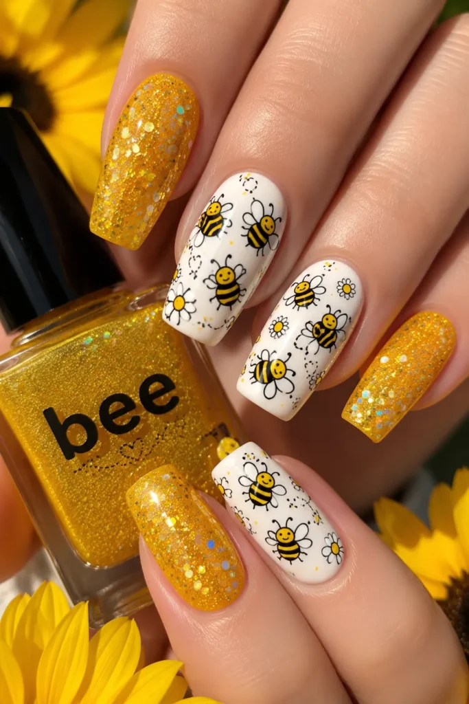 Bees and Yellow Glitter Cute bee nail art featuring white acrylic nails with smiling cartoon bees, tiny daisy flowers, and dotted flight trail designs paired with sparkling gold glitter nails. This cheerful summer manicure combines playful insect nail art with bright yellow glitter accents for a fun and trendy nail design.