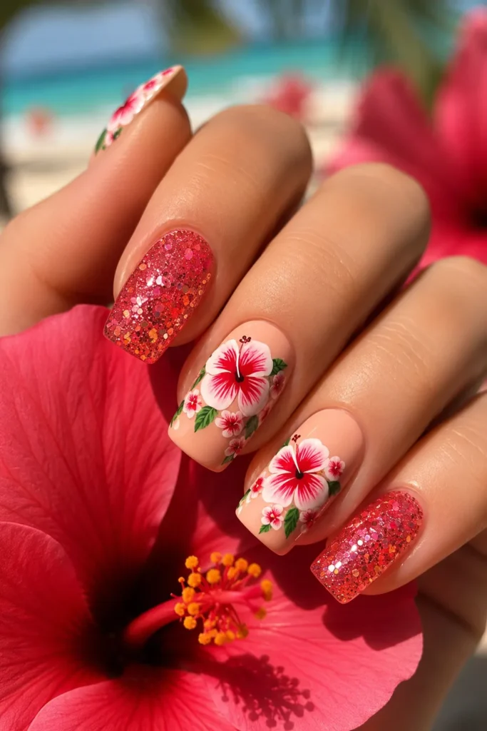Hibiscus Flowers Tropical hibiscus flower nail art featuring soft nude pink nails with vibrant red floral designs and sparkling coral glitter accent nails. This glossy summer manicure combines beach-inspired floral nail art with glitter acrylic nails for a bright vacation-ready nail look.