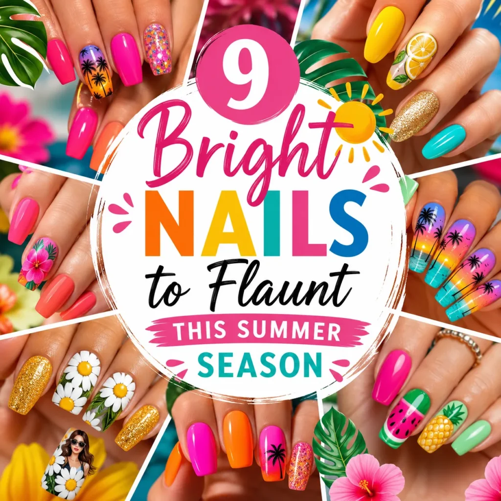 Colorful Pinterest-style summer nail art collage featuring bright acrylic nails in neon pink, orange, yellow, teal, and tropical sunset designs. The image includes floral nail art, palm tree silhouettes, fruit-inspired nails, glitter accents, daisy designs, and bold summer manicure ideas surrounding the text “9 Bright Nails to Flaunt This Summer Season.”