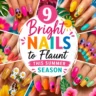 Colorful Pinterest-style summer nail art collage featuring bright acrylic nails in neon pink, orange, yellow, teal, and tropical sunset designs. The image includes floral nail art, palm tree silhouettes, fruit-inspired nails, glitter accents, daisy designs, and bold summer manicure ideas surrounding the text “9 Bright Nails to Flaunt This Summer Season.”