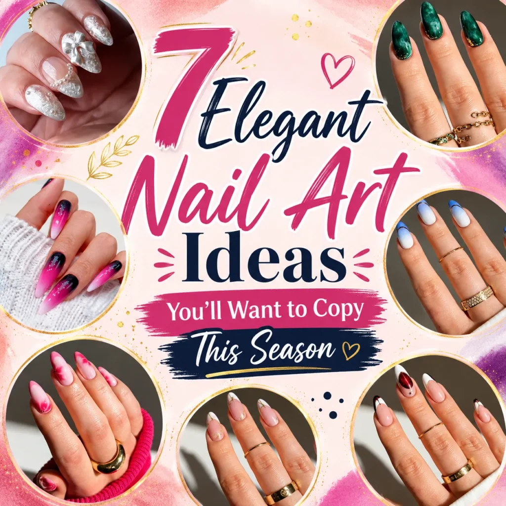 Colorful graphic featuring seven elegant nail art designs including pearl bow nails, emerald marble nails, pink ombre chrome nails, blue French tips, floral pink nails, nude floral nails, and chrome heart French tips arranged around stylish typography on a soft pink artistic background.