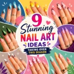 Colorful nail art collage featuring trendy acrylic nail designs, including chrome green nails, pastel rainbow nails, burgundy French tips, floral nail art, marble blue nails, and neon ombre manicure inspiration.