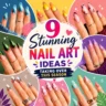 Colorful nail art collage featuring trendy acrylic nail designs, including chrome green nails, pastel rainbow nails, burgundy French tips, floral nail art, marble blue nails, and neon ombre manicure inspiration.