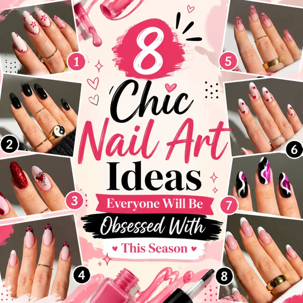 Colorful graphic collage featuring trendy nail art designs including floral nails, black French tips, glitter red nails, heart nail art, ribbon bow nails, abstract swirl nails, and glossy French fade manicures arranged around stylish typography for chic seasonal nail inspiration.