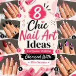 Colorful graphic collage featuring trendy nail art designs including floral nails, black French tips, glitter red nails, heart nail art, ribbon bow nails, abstract swirl nails, and glossy French fade manicures arranged around stylish typography for chic seasonal nail inspiration.